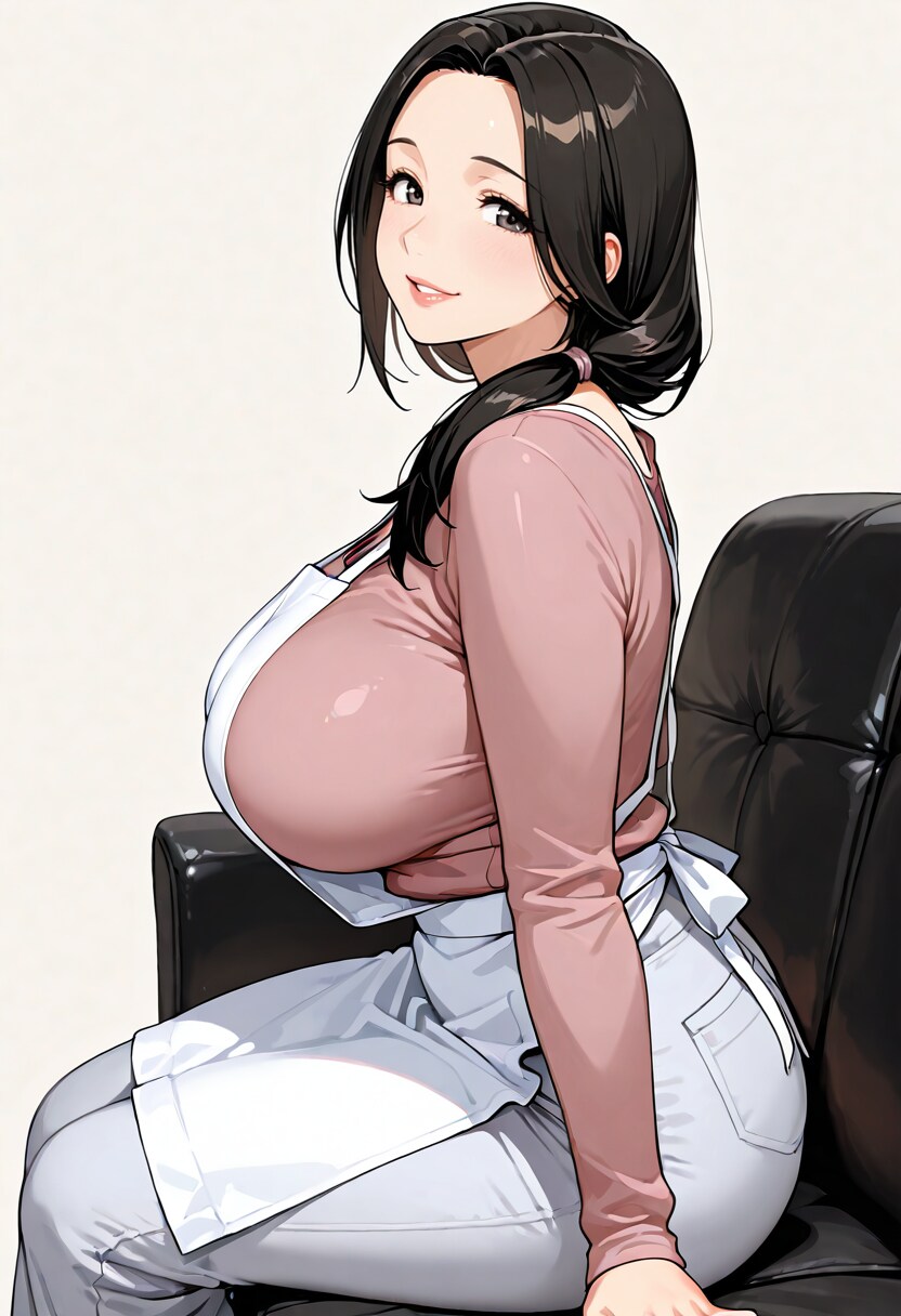 エプロン姿でソファに