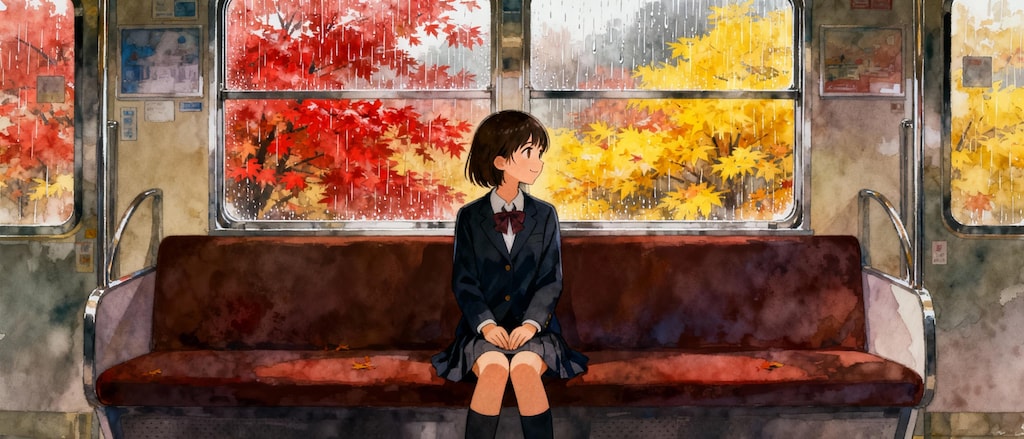 雪国車窓（紅葉イラストをもとに生成）