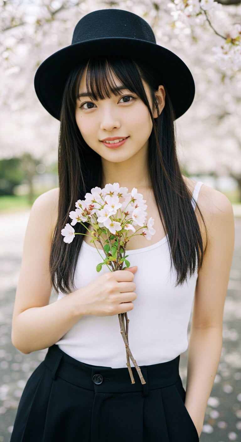 リアルかっこかわいいダンサーの花束、桜の満開の下で