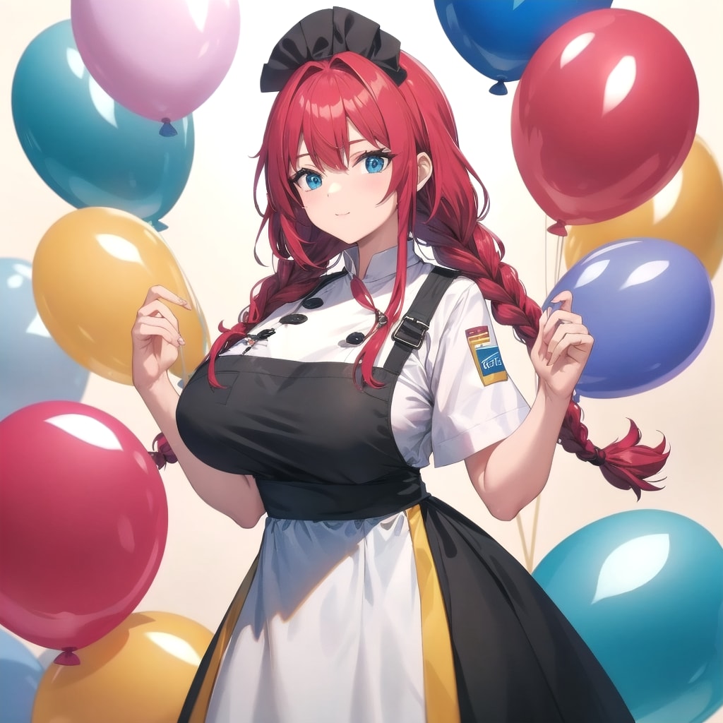 いっぱい色とりどりの風船を持つ赤い髪三つ編みロングのパティシエの美女
