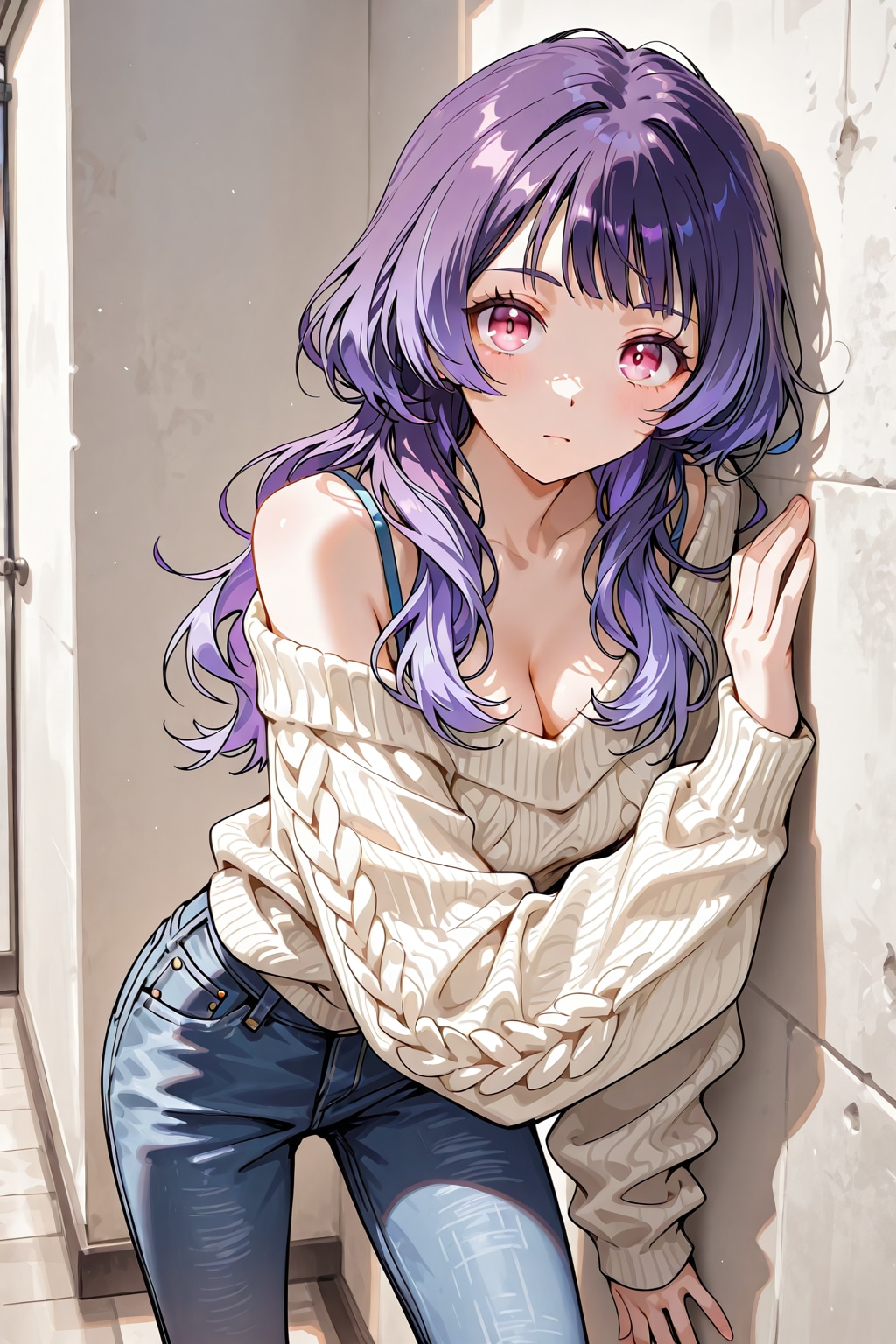 壁にもたれて立っている美少女