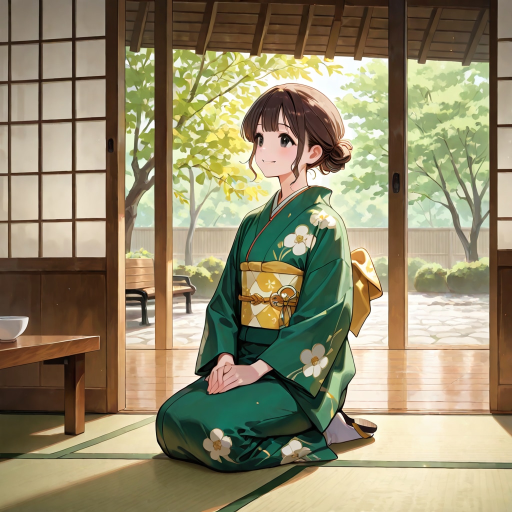 和室でリラックスする和服お姉さん