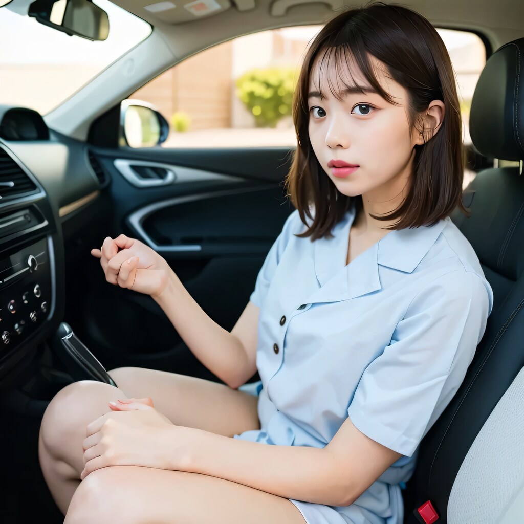 黒髪ボブで車內の美女４
