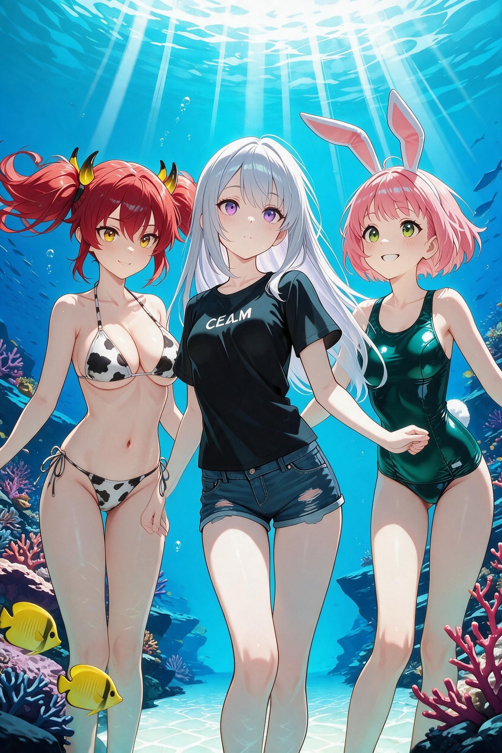 水中詰め合わせ 半袖黒Tちゃんとスク水バニーちゃんと牛柄ビキニちゃん編