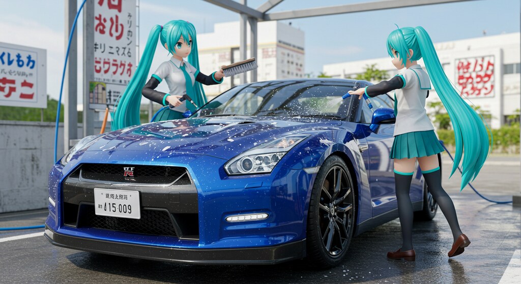 初音ミクがGT-Rを洗う
