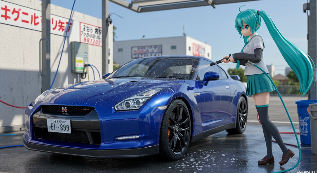 初音ミクがGT-Rを洗う