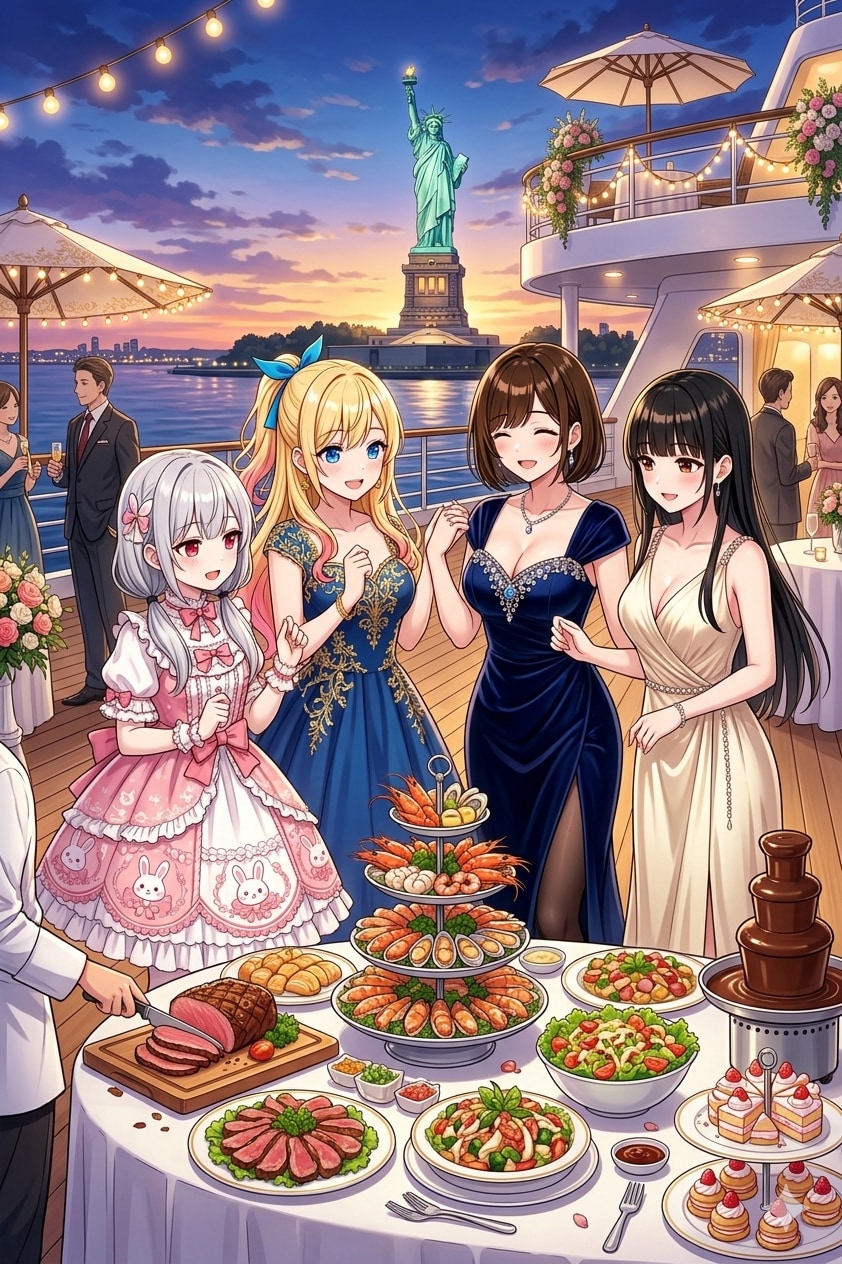 自由の女神前でビュッフェ