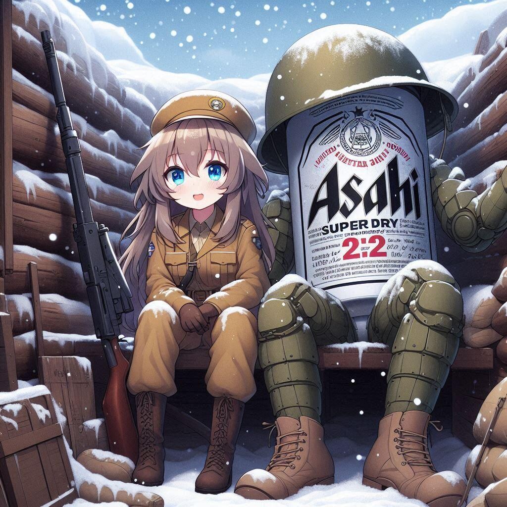 塹壕の中のビール缶と小さな女の子