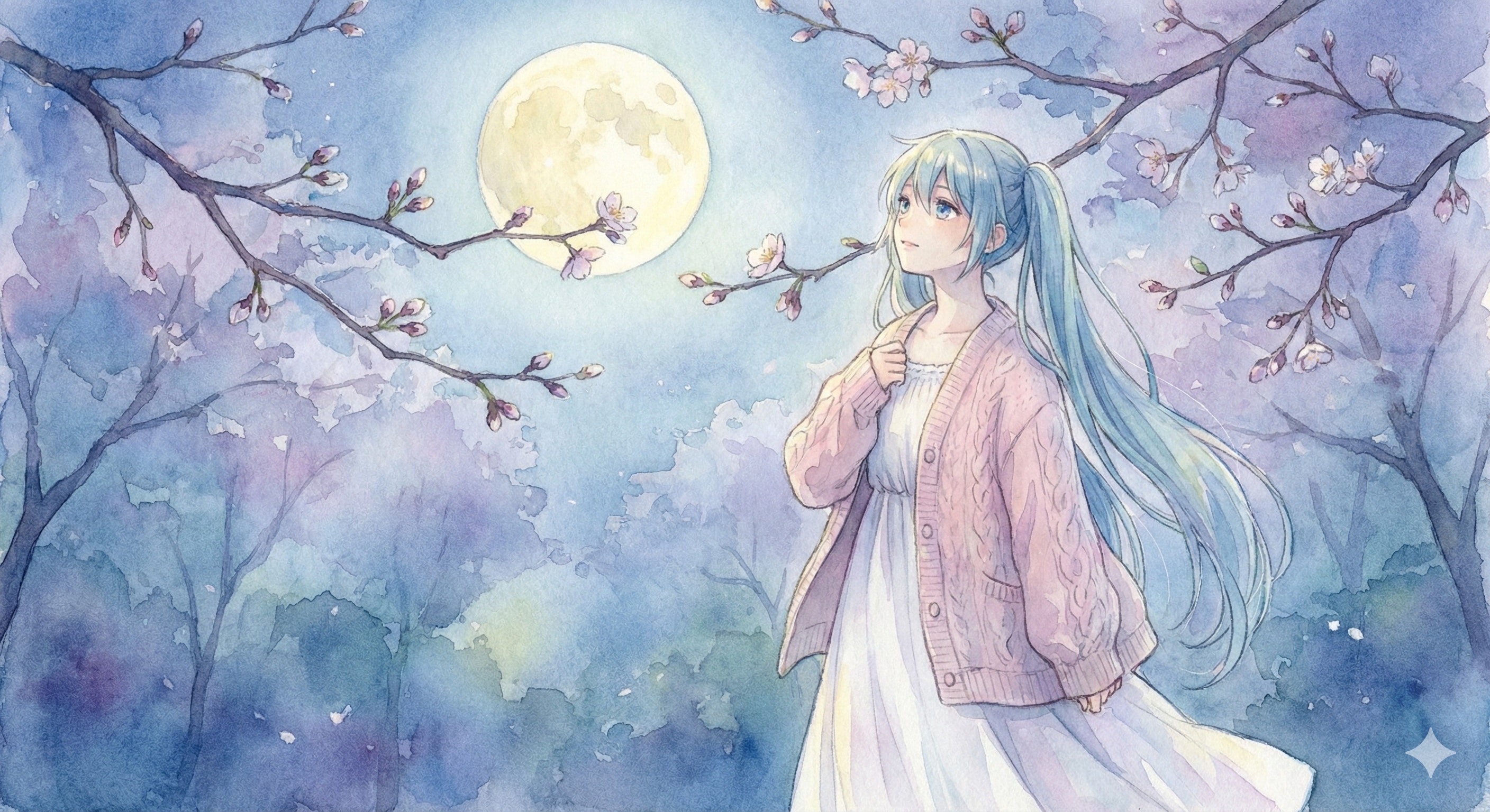 水彩画ミクさん　満月の下、つぼみ桜に見守られて | の人気AIイラスト・グラビア