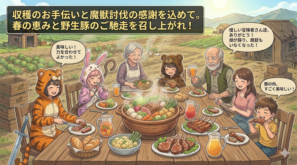 【All0430b】収穫のお手伝いのお礼に春野菜と討伐した野生の豚を使ったご馳走を農家の人達が作ってくれたので美味しく頂いた。（モデル: NanoBanana2）
