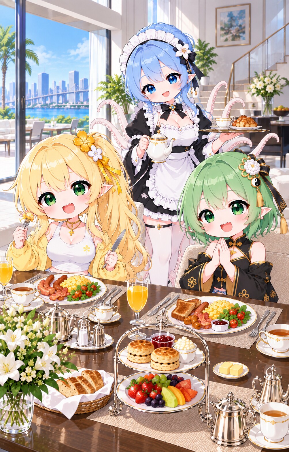 ある朝の食事風景 『爆裂ふとももコンビ』 | の人気AIイラスト・グラビア
