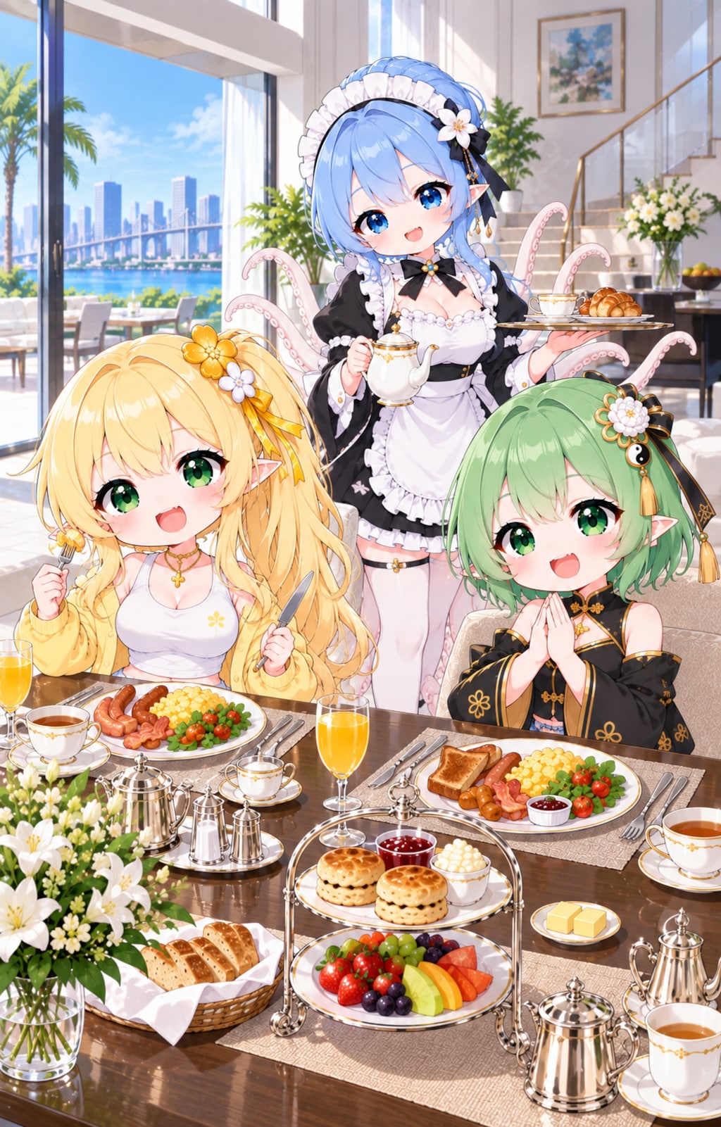 ある朝の食事風景 『爆裂ふとももコンビ』