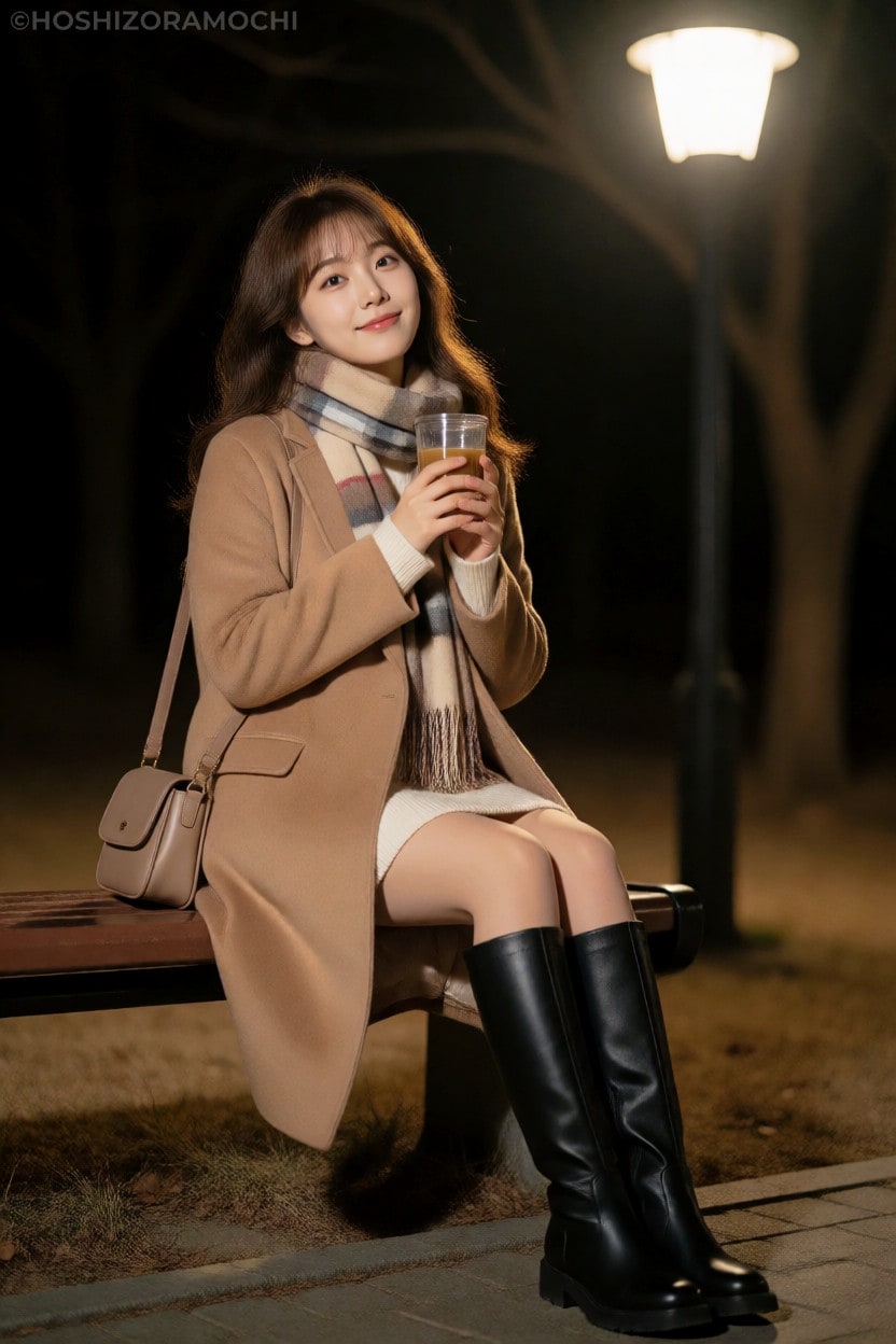 【冬夜の公園デート】キャメルコートの清楚美女と温かいカフェラテ｜街灯の下で過ごすロマンティックな夜のひととき | の人気AIイラスト・グラビア