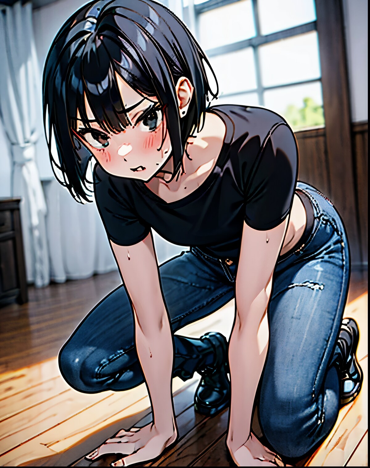 しゃがむ黒髪の女子