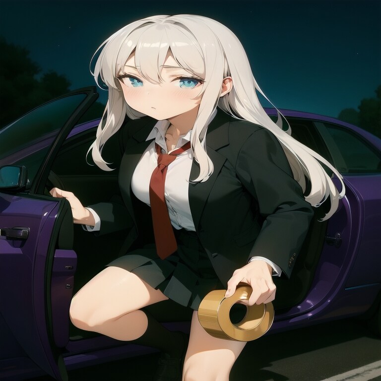 バンパーを割ってしまって補修ガムテープ持って降りる銀髪の少女 | の人気AIイラスト・グラビア