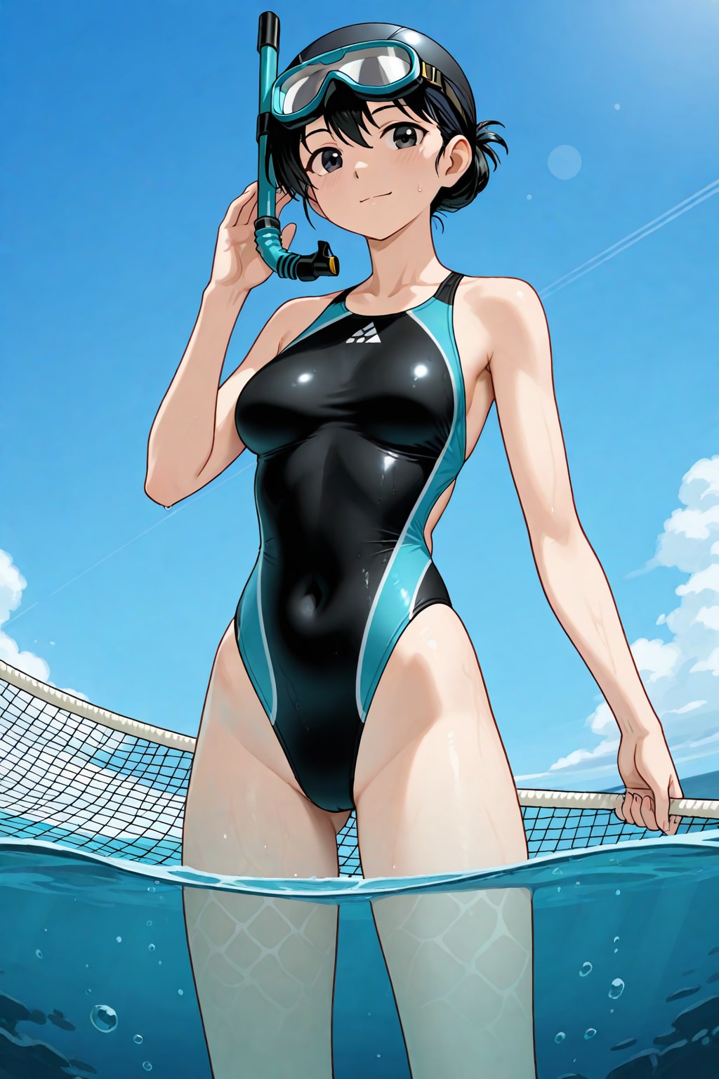 海で網を持つ競泳水着の少女