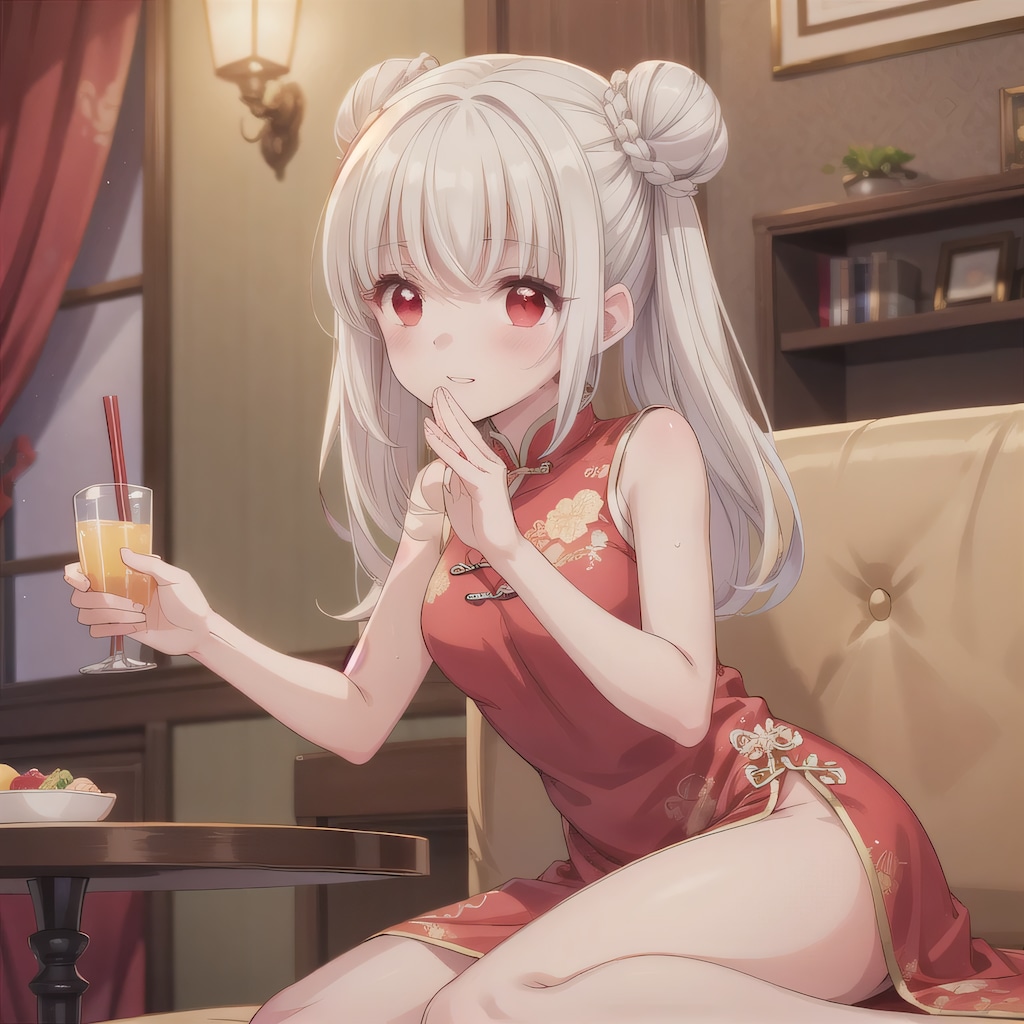 白髪ツイン団子で中華服の少女３