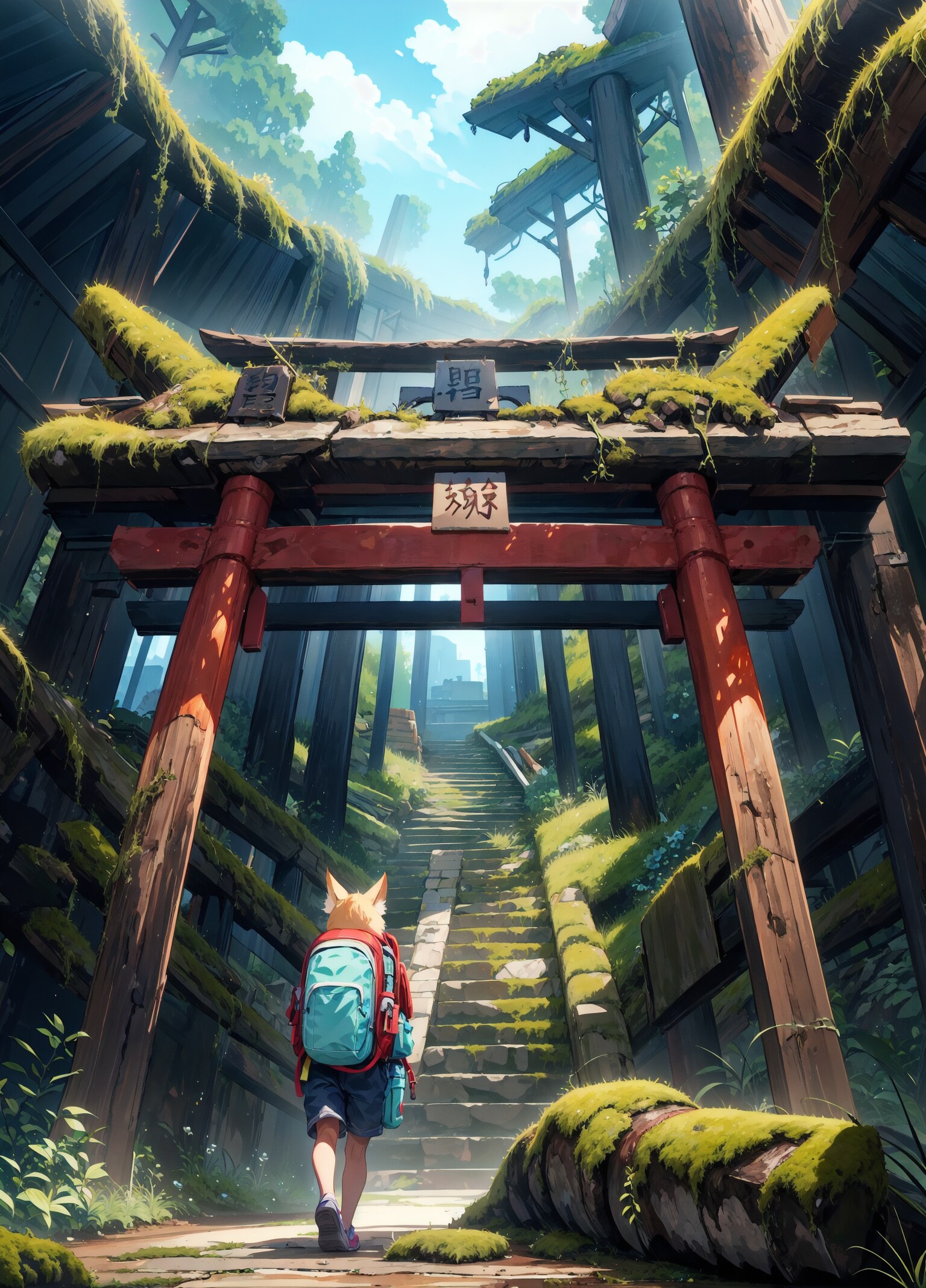 廃神社を探索する狐娘旅人 | の人気AIイラスト・グラビア