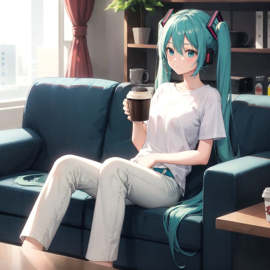 ソファでリラックスするミクさん