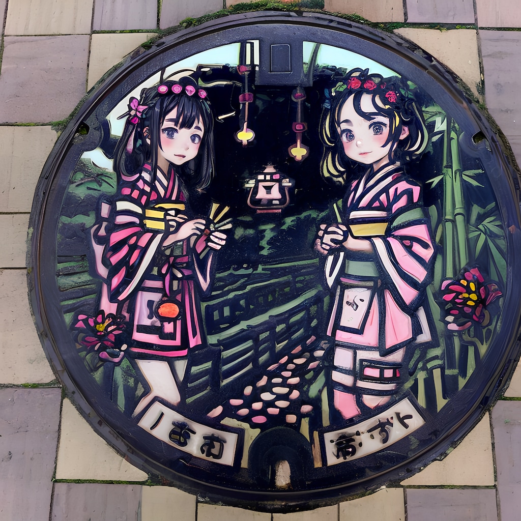 七夕まつりのご当地マンホールアート(織姫、浴衣美少女)