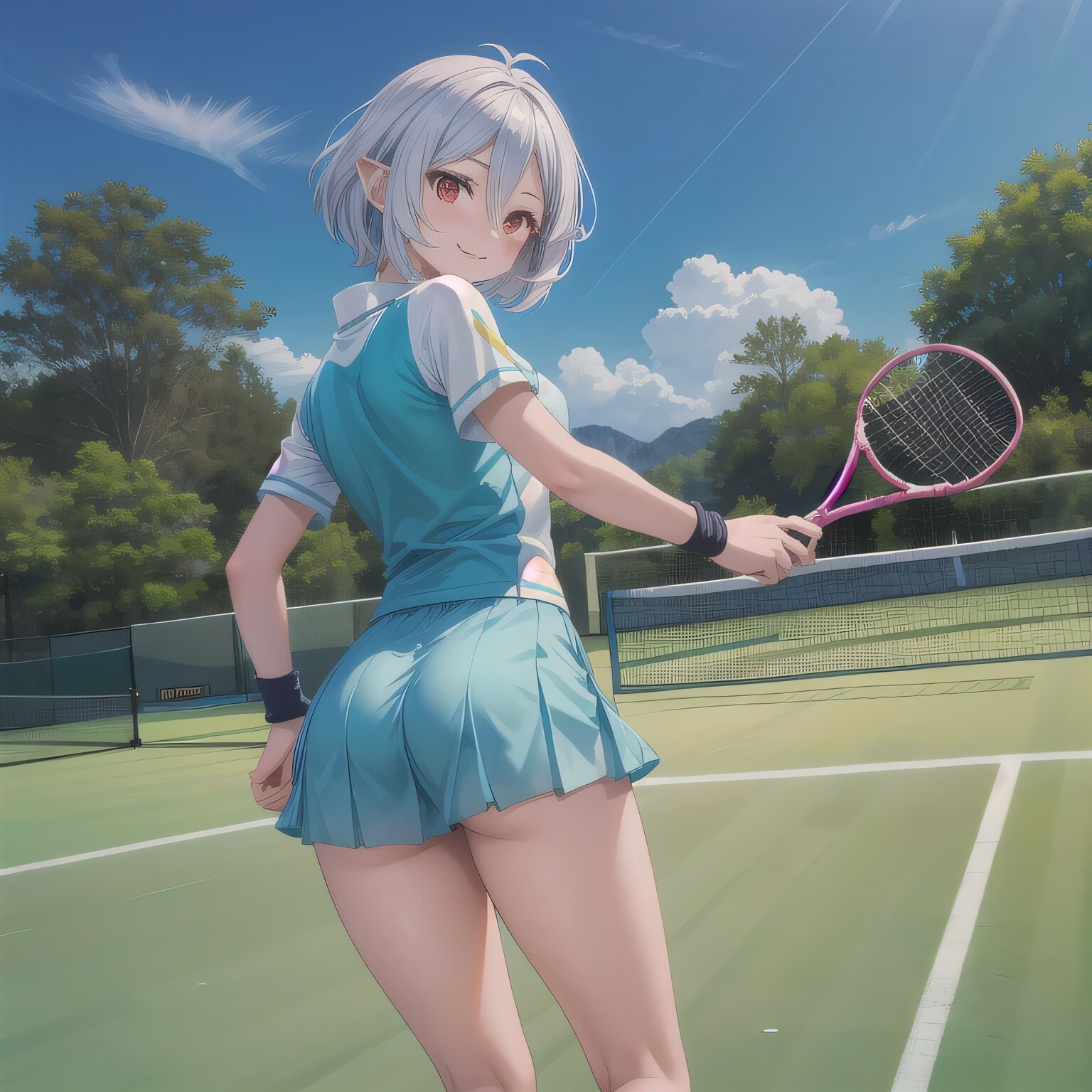 白髪ボブでテニスウェアの少女３ | の人気AIイラスト・グラビア