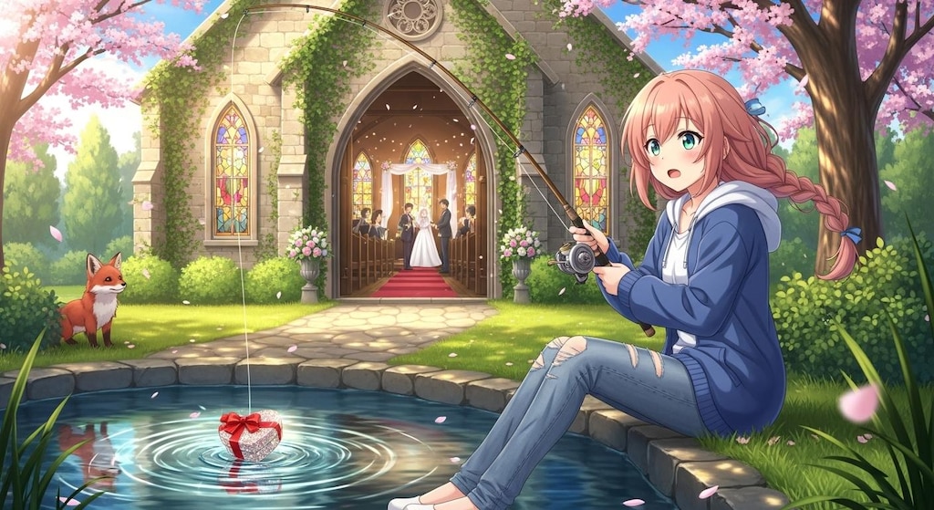 結婚式が行われている教会で釣り