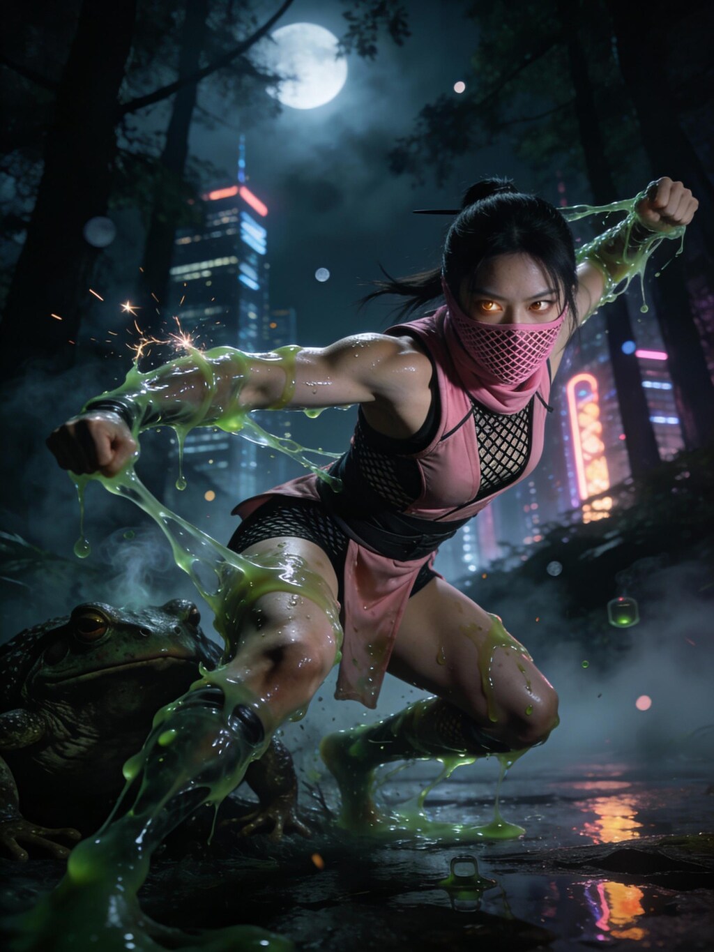 巨大毒蛙と戦うくノ一ピンク