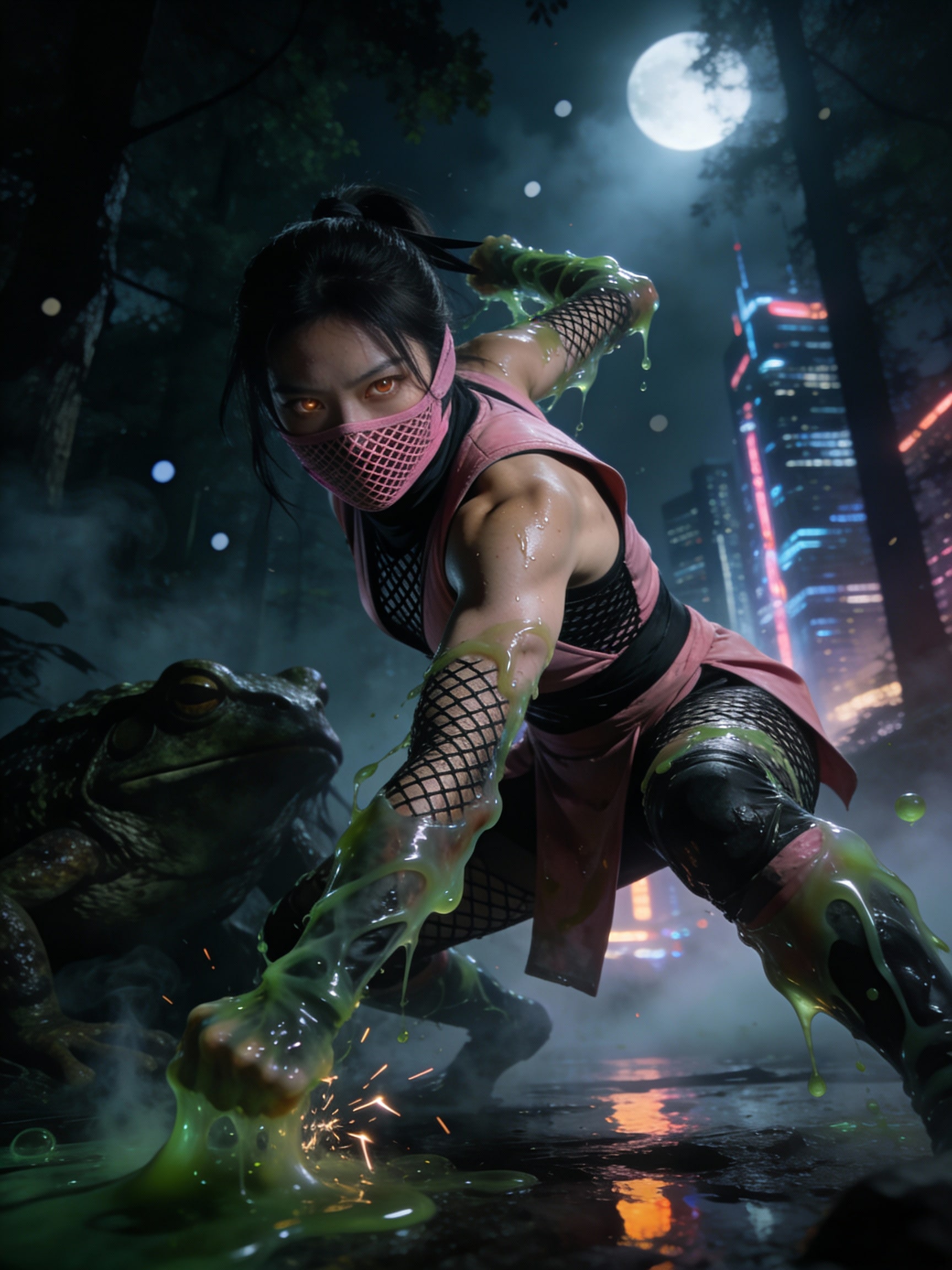 巨大毒蛙と戦うくノ一ピンク | の人気AIイラスト・グラビア