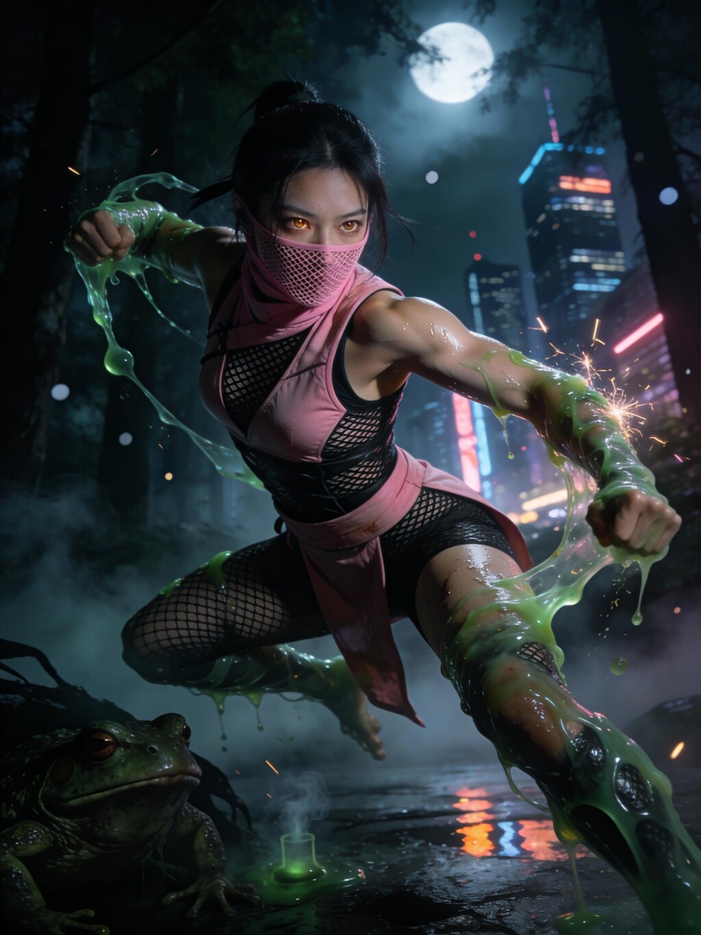 巨大毒蛙と戦うくノ一ピンク