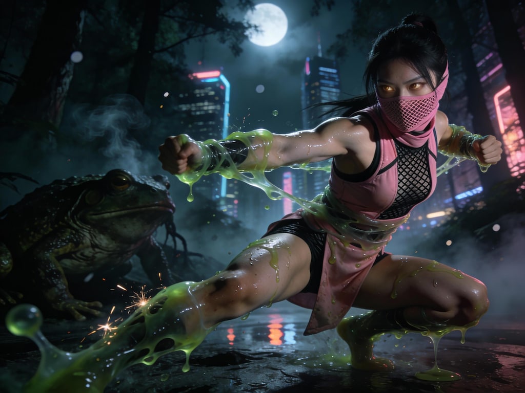 巨大毒蛙と戦うくノ一ピンク