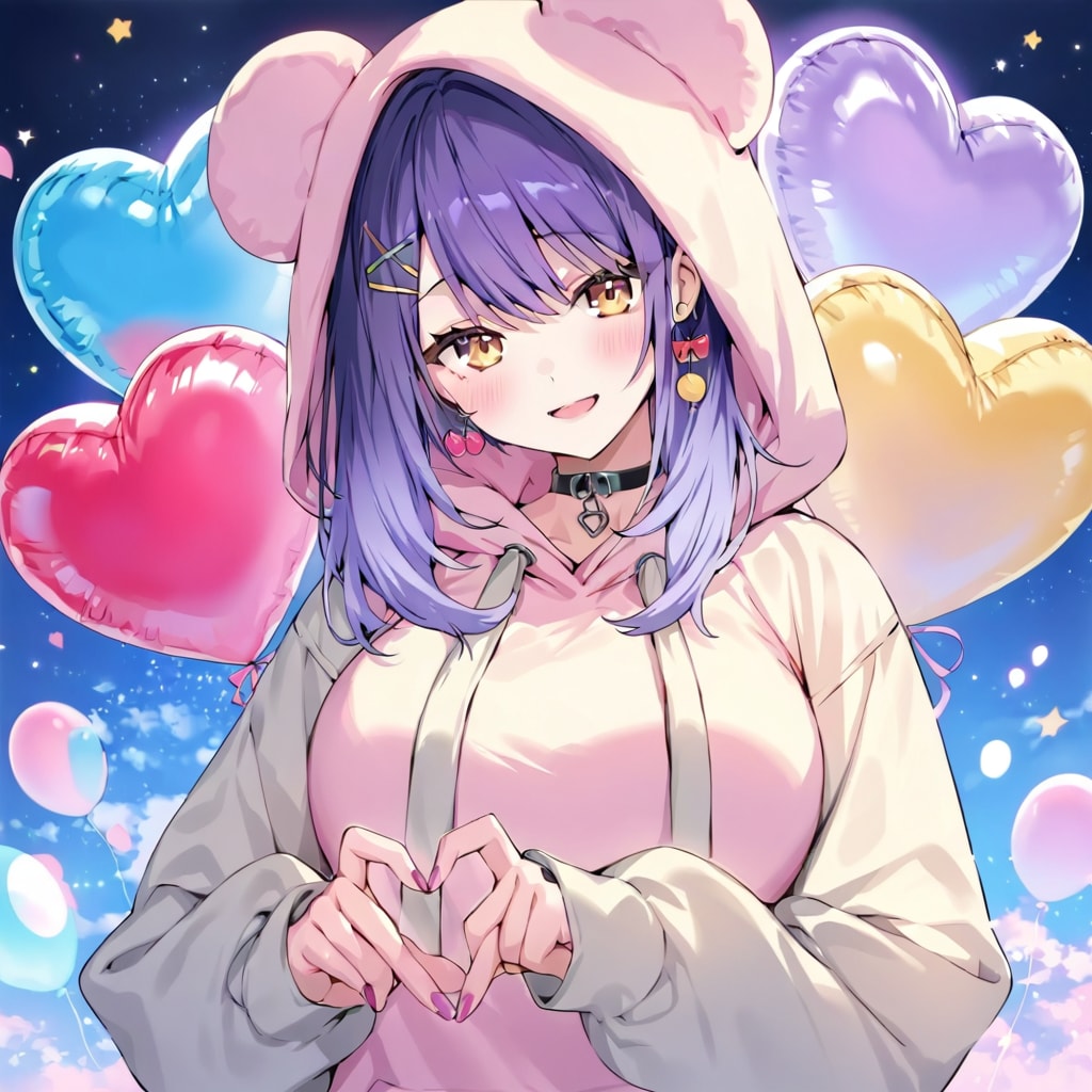 いっぱい色とりどりのハート風船を持つ紫髪ロングのパーカー着た美女 | の人気AIイラスト・グラビア