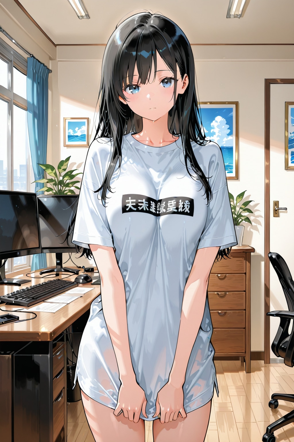 20260108スタジオでTシャツ姿でこちらに体を向ける黒髪の女性