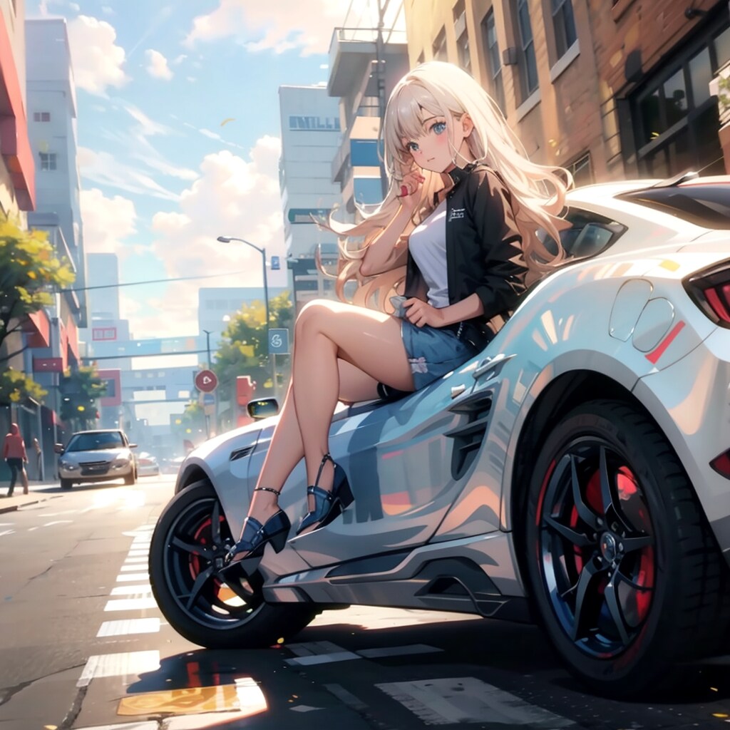 スポーツカーに乗ってドライブするブロンドロングの美女 | の人気AIイラスト・グラビア