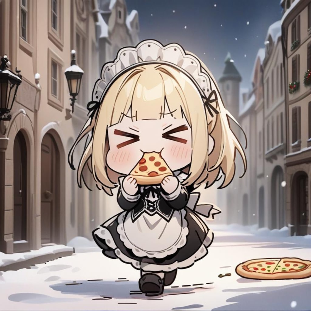 ⛄️雪道と おピッツァもぐもぐ メイドちゃん⛄️