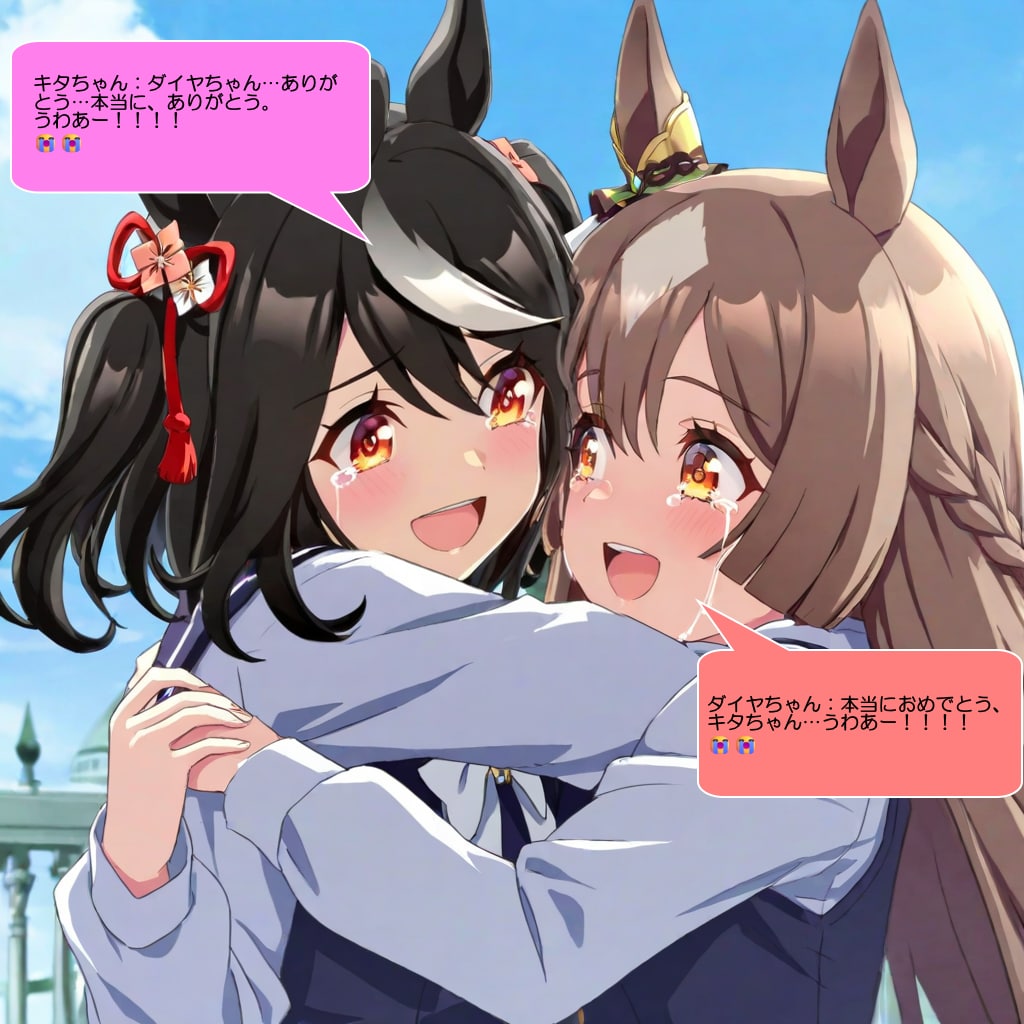 キタちゃんとダイヤちゃん、中山競馬場で喜んで感涙する