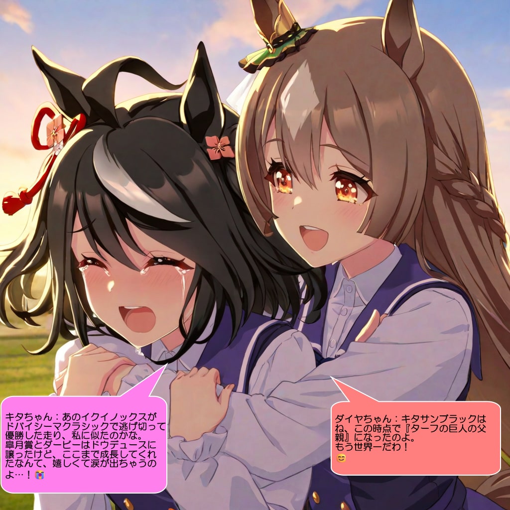 キタちゃんとダイヤちゃん、中山競馬場で喜んで感涙する