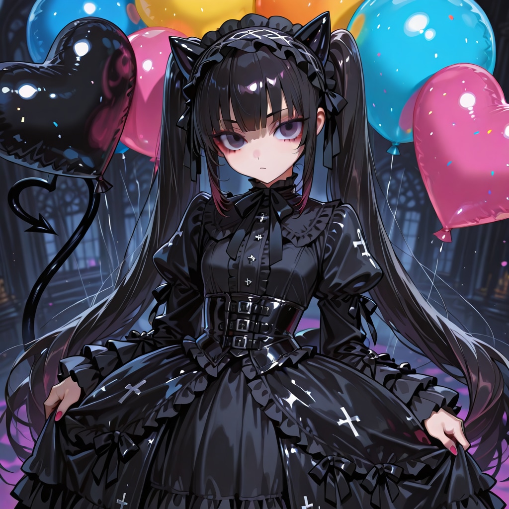 色とりどりの風船を持つゴスロリ衣装着た黒髪ツインテールの美少女 | の人気AIイラスト・グラビア