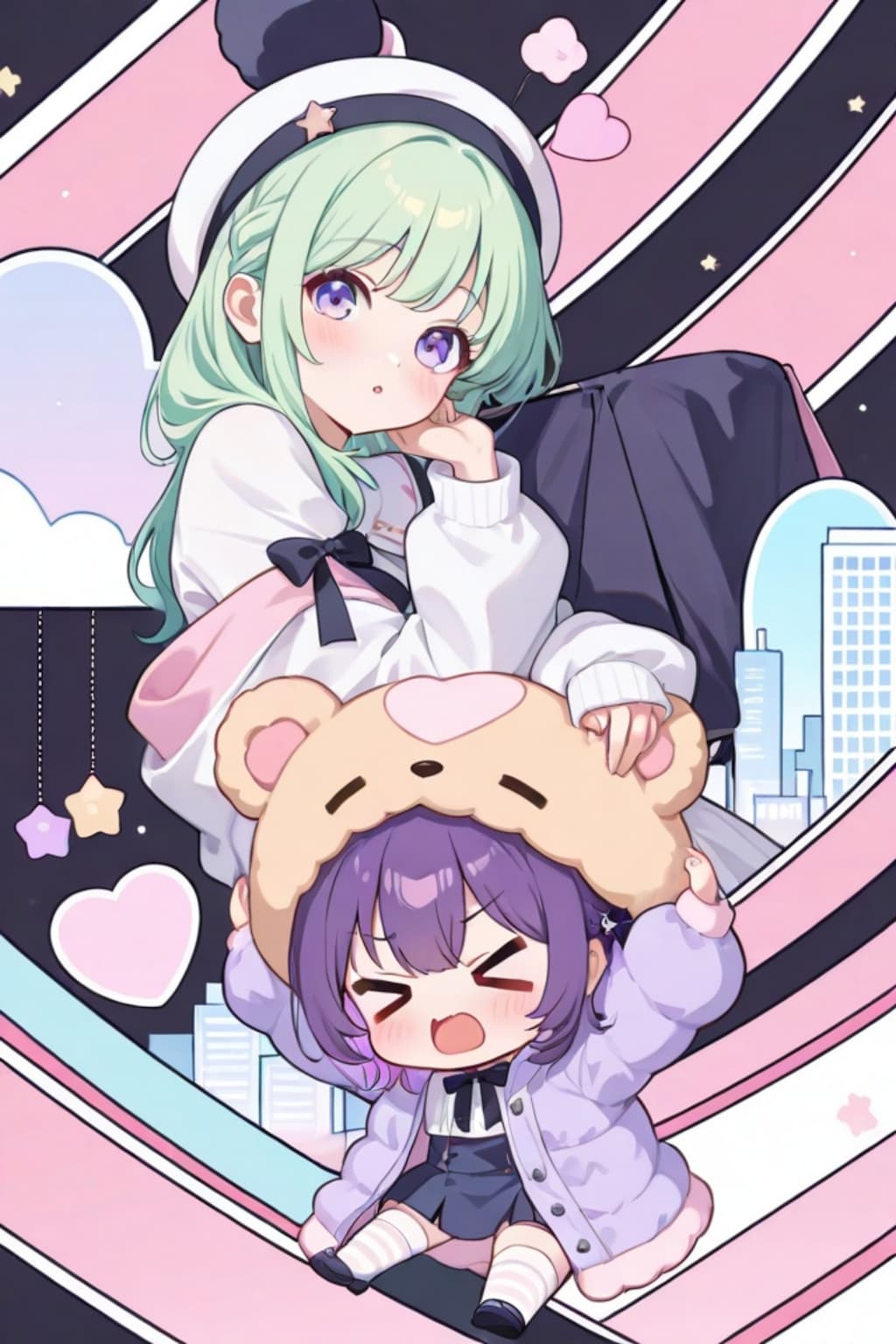 緑髪ちゃんと紫髪ちゃんとくま