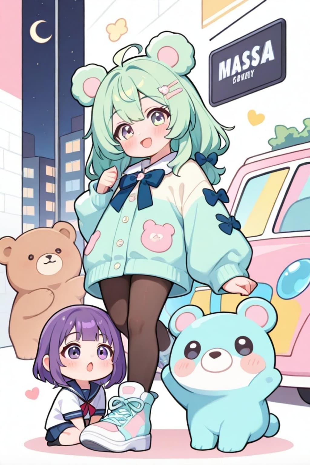 緑髪ちゃんと紫髪ちゃんとくま