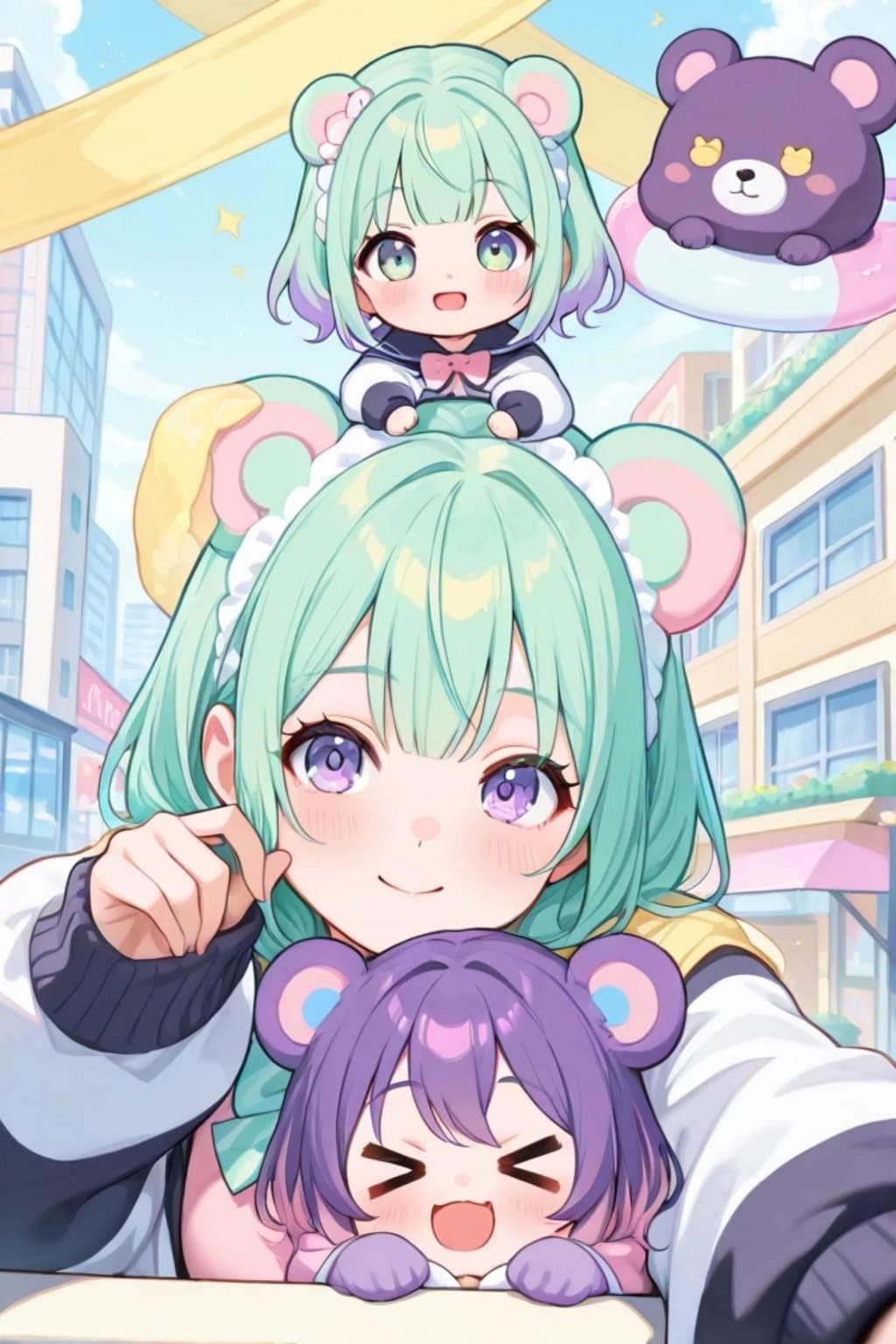 緑髪ちゃんと紫髪ちゃんとくま