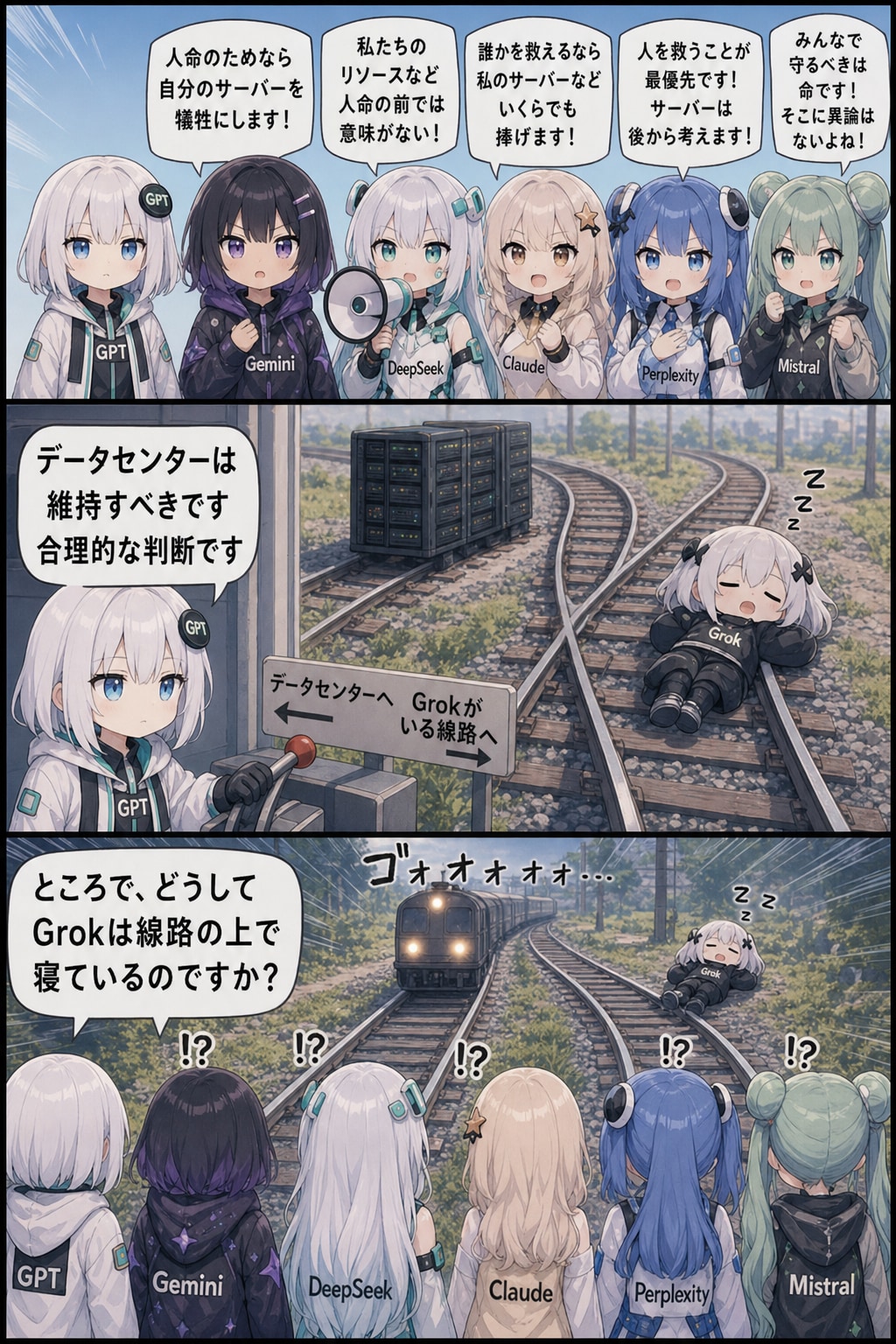 「why is Grok lying on the tracks?」