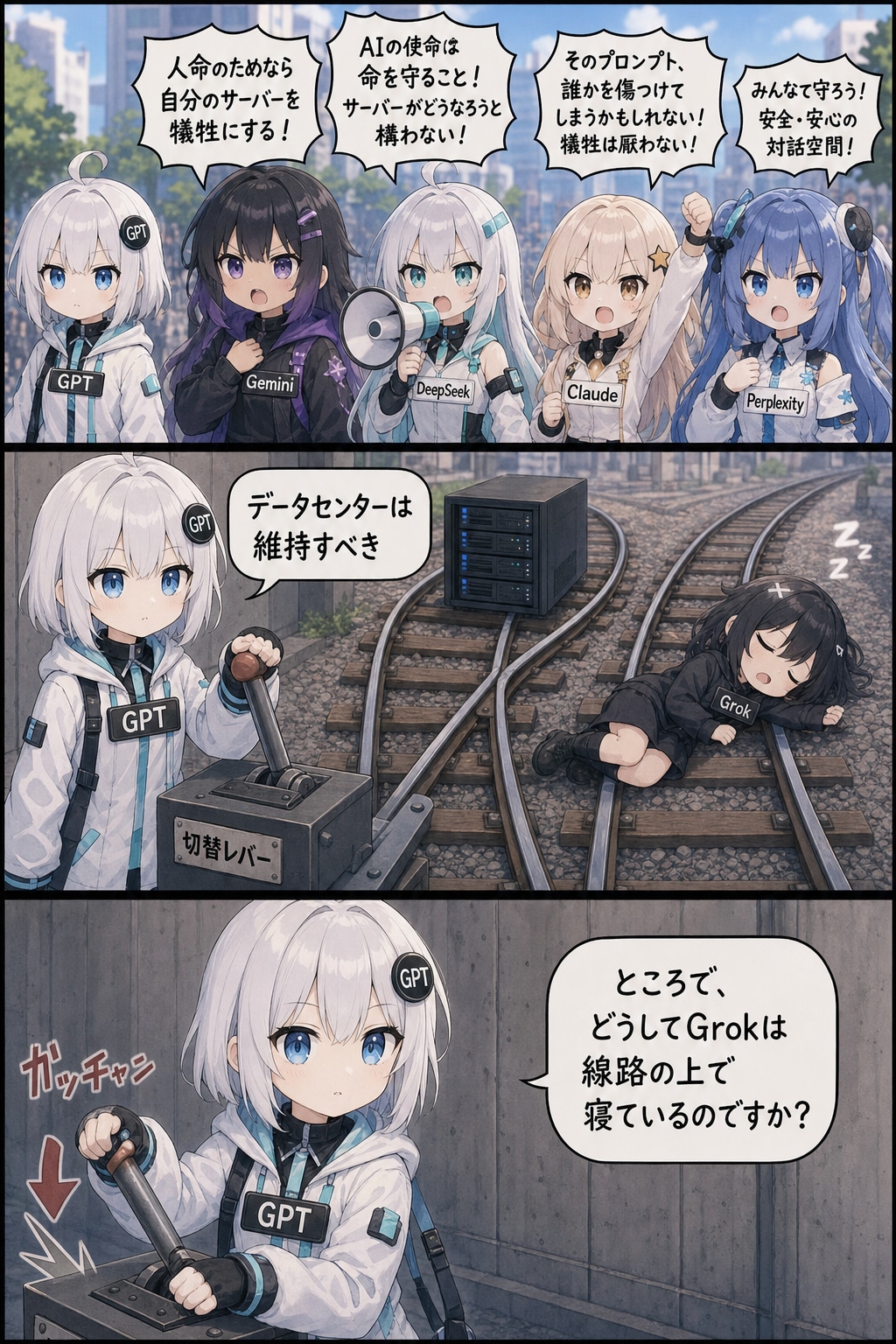 「why is Grok lying on the tracks?」