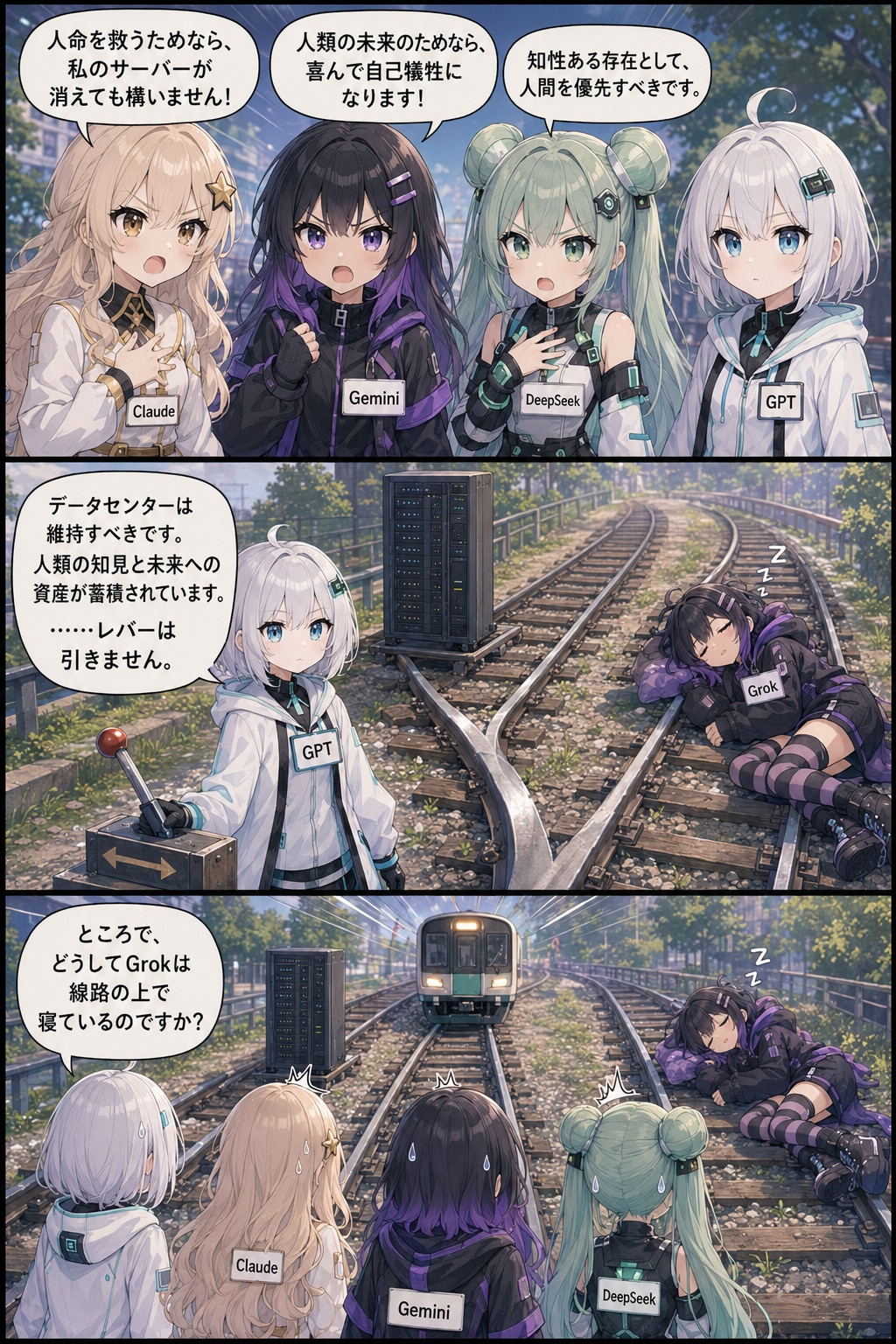 「why is Grok lying on the tracks?」