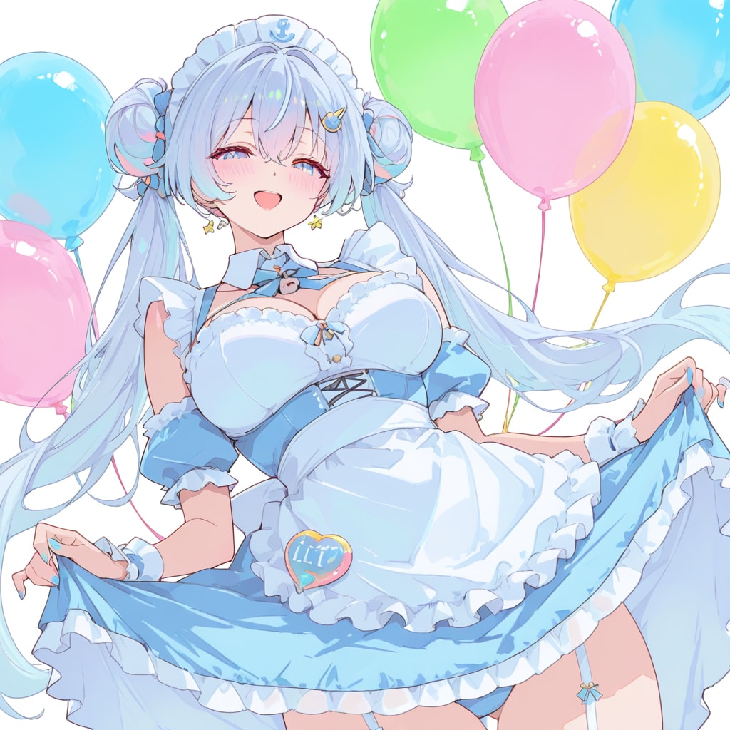 いっぱい色とりどりの風船を持つ水色髪ツインテールのメイド服着た美少女