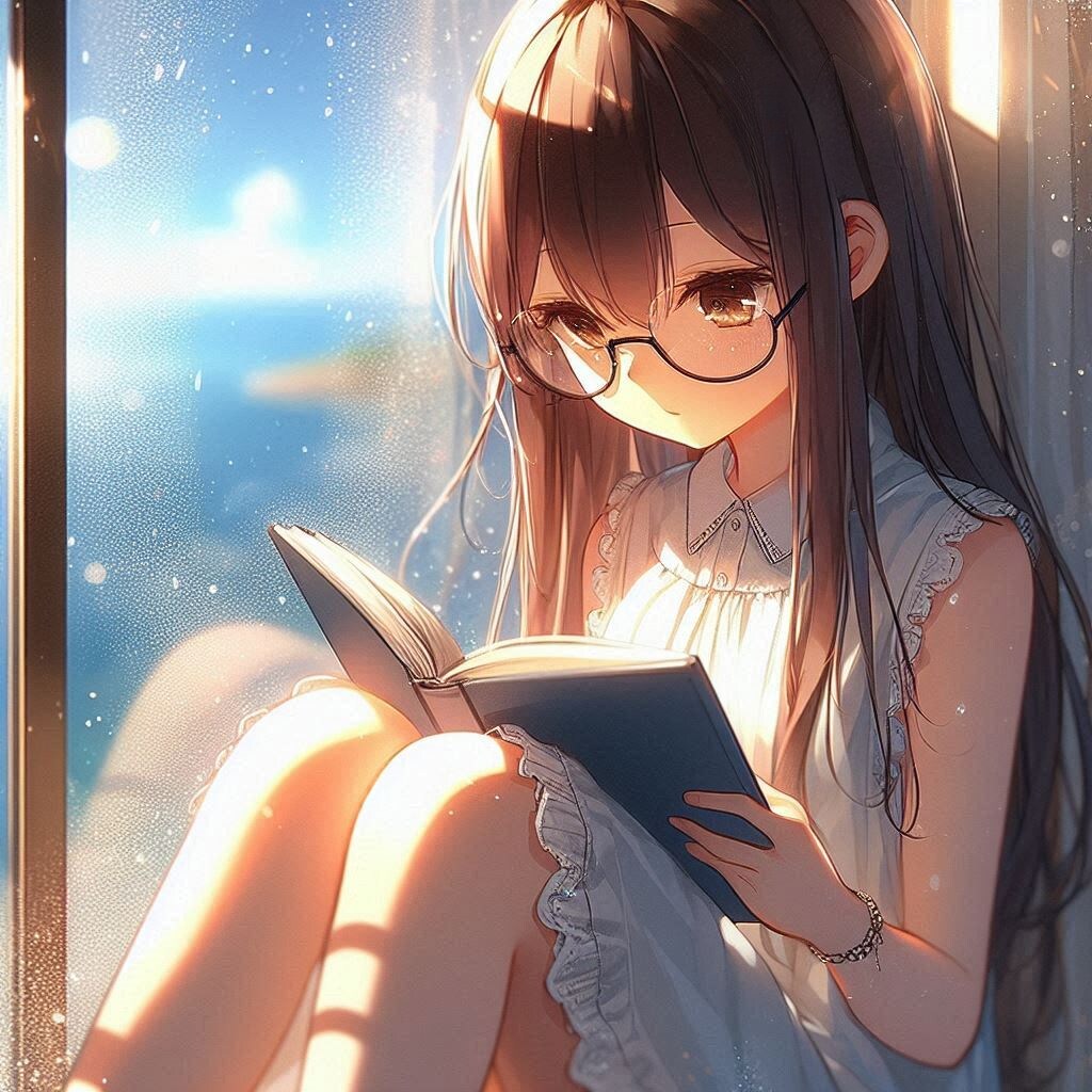 窓辺で本を読む少女