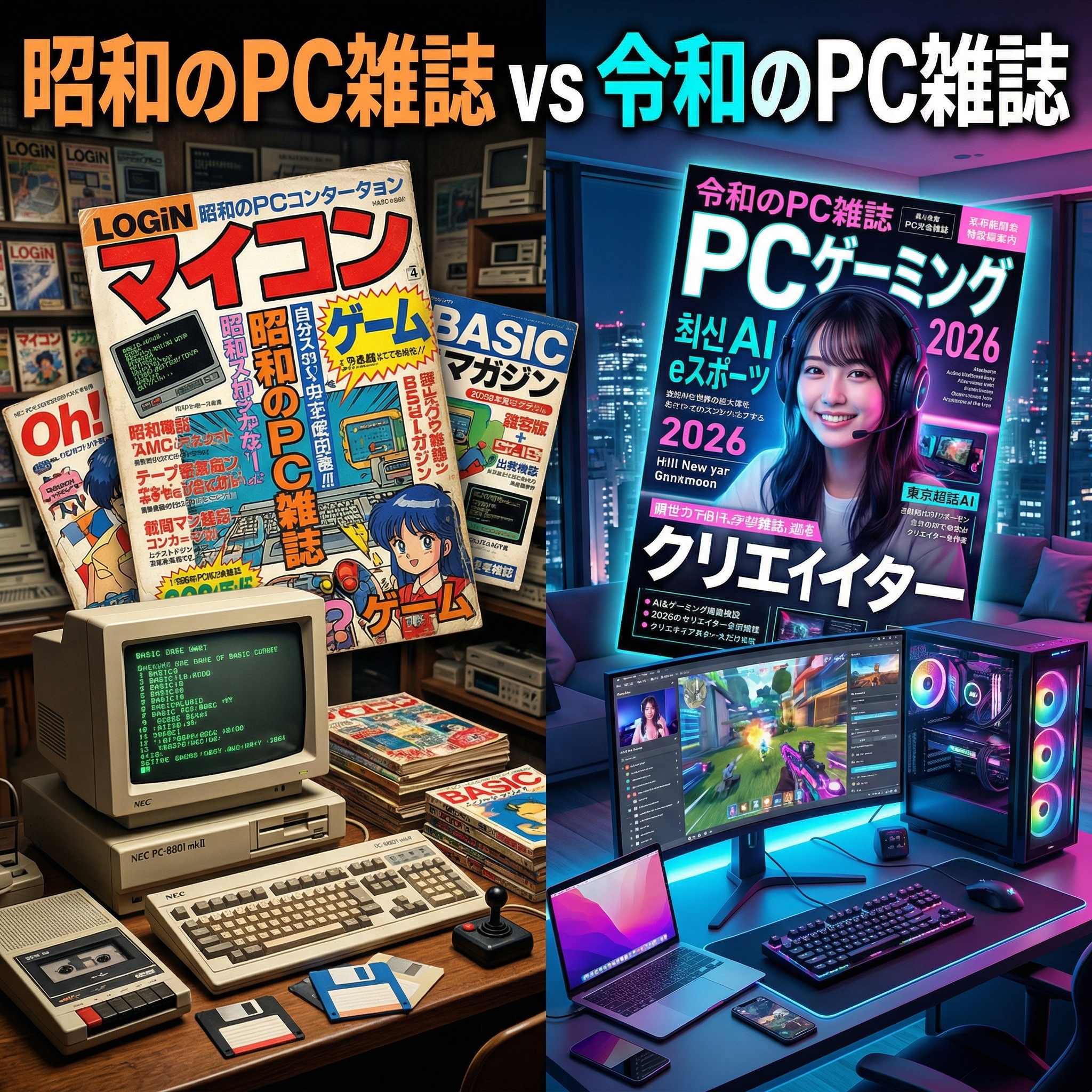 昭和のPC雑誌と令和のPC雑誌(架空) | の人気AIイラスト・グラビア