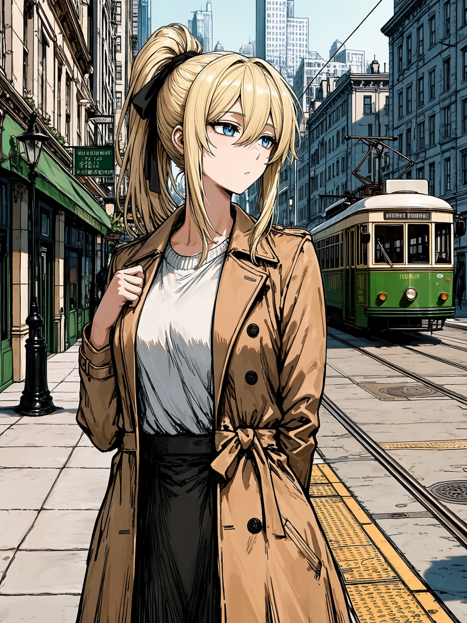 路面電車の街角で | の人気AIイラスト・グラビア