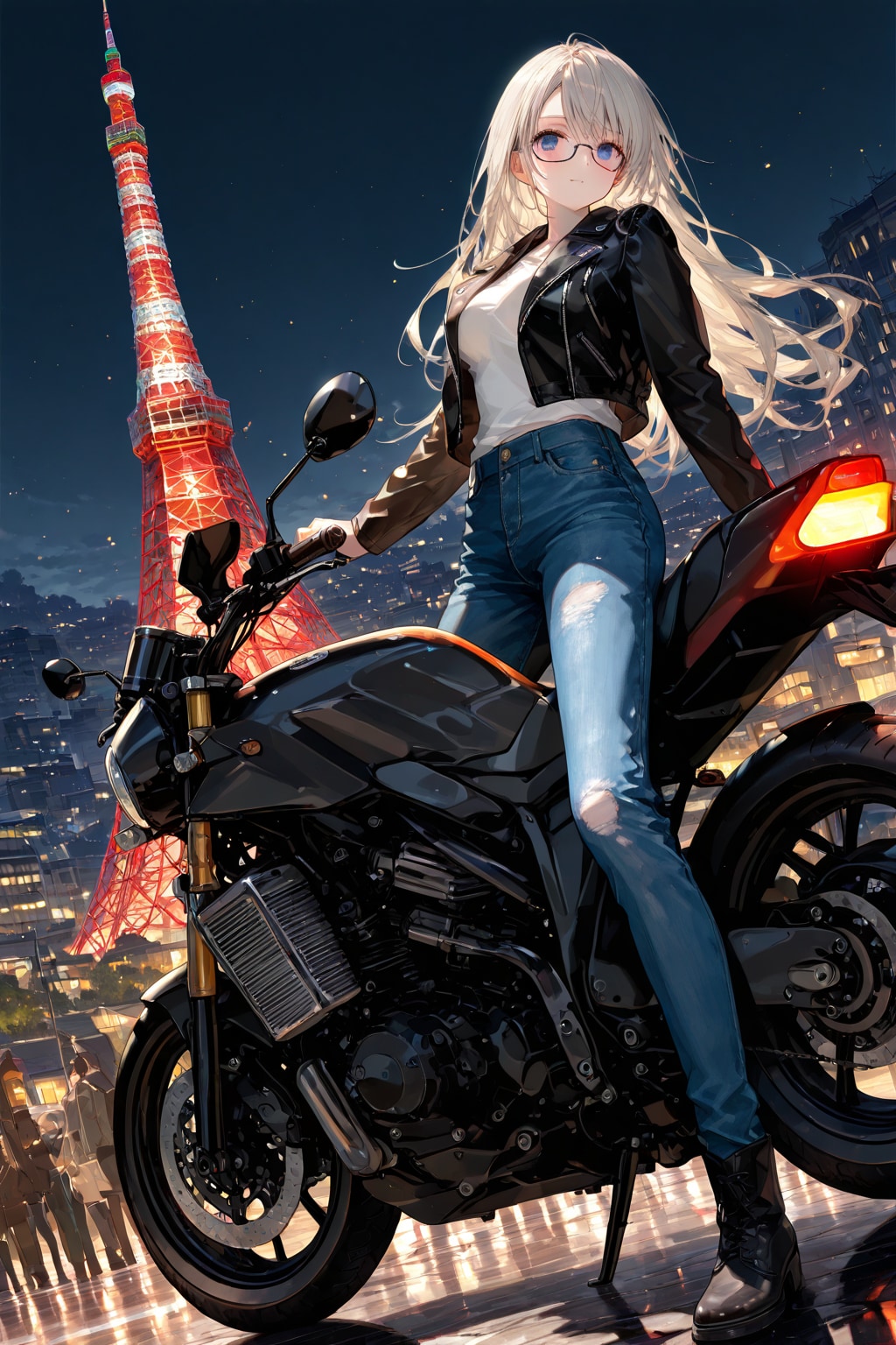 眼鏡っ娘のバイクの夜 | の人気AIイラスト・グラビア