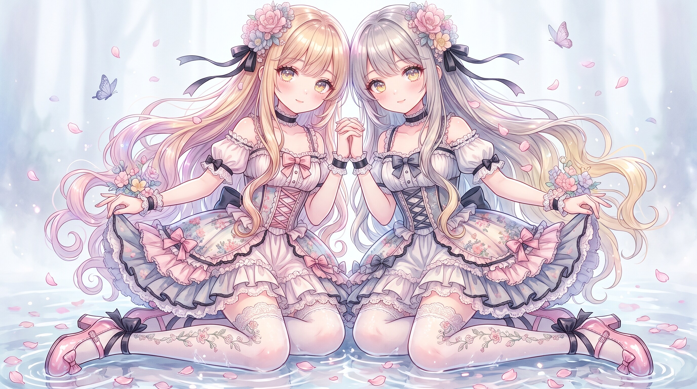 水辺の薔薇双華