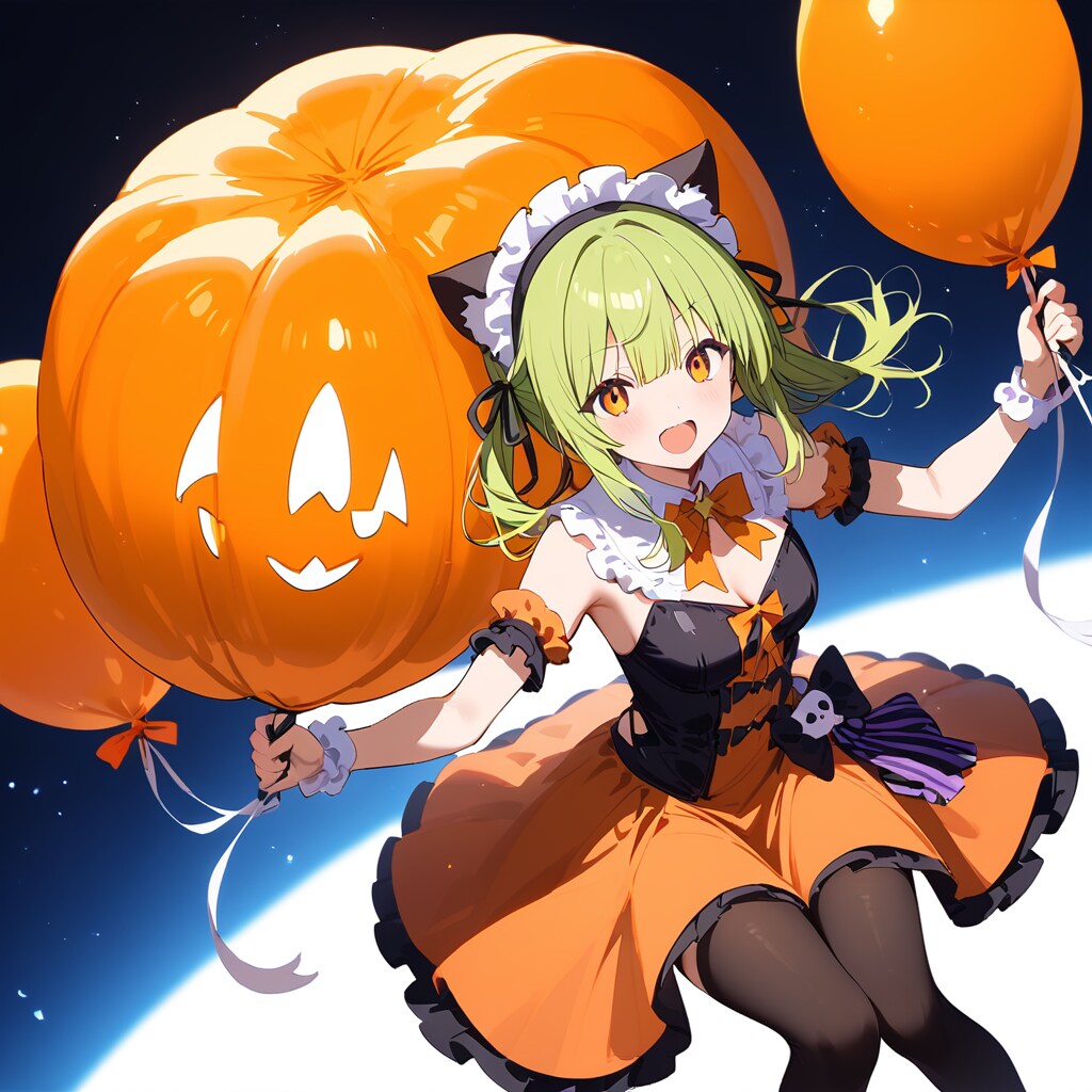 オレンジの風船を持つハロウィン衣装のケモミミ娘